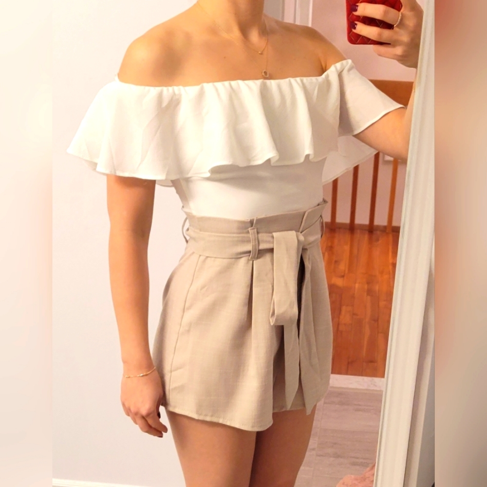 White Beige Romper Open Shoulders with Back Zipper